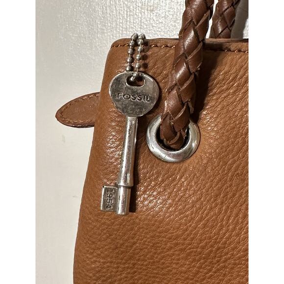 Fossil Vintage Brown Pebbled Leather Shoulder Bag Purse Braided Straps Key - Picture 4 of 13